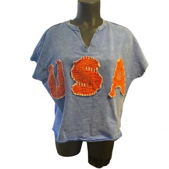 Authentic Mineral Washed Solid USA Patched Knit Top - Blue - Picture 5 of 7